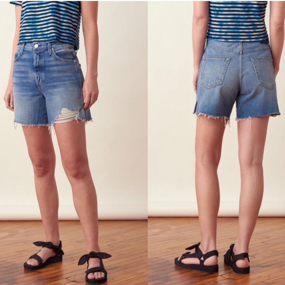AMO Midi Short Flashback Distressed Denim Shorts High Rise Button Fly 29 EUC